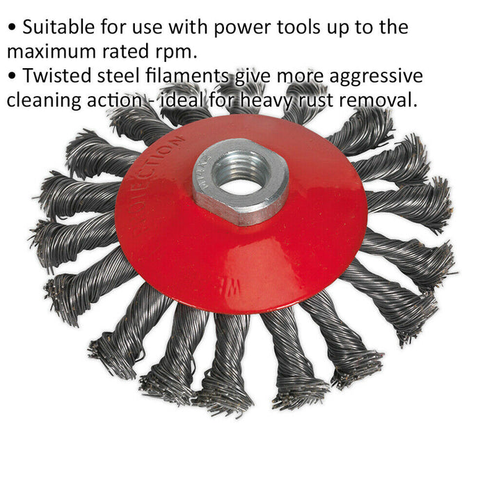 115mm Conical Wire Brush - Twisted Steel - M14 x 2mm - Up to 12500 rpm Loops