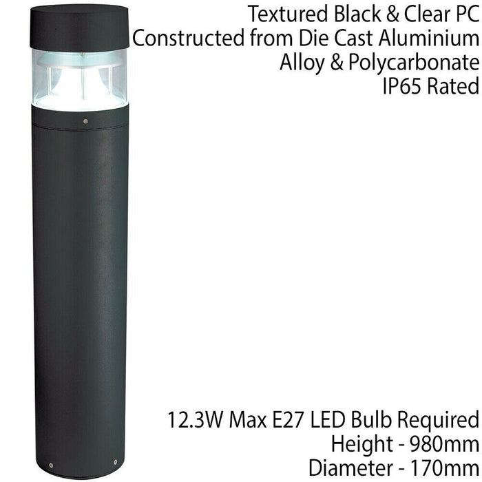 1m Tall IP65 Outdoor Lamp Post Bollard Black Round Flat Top E27 Driveway Light Loops