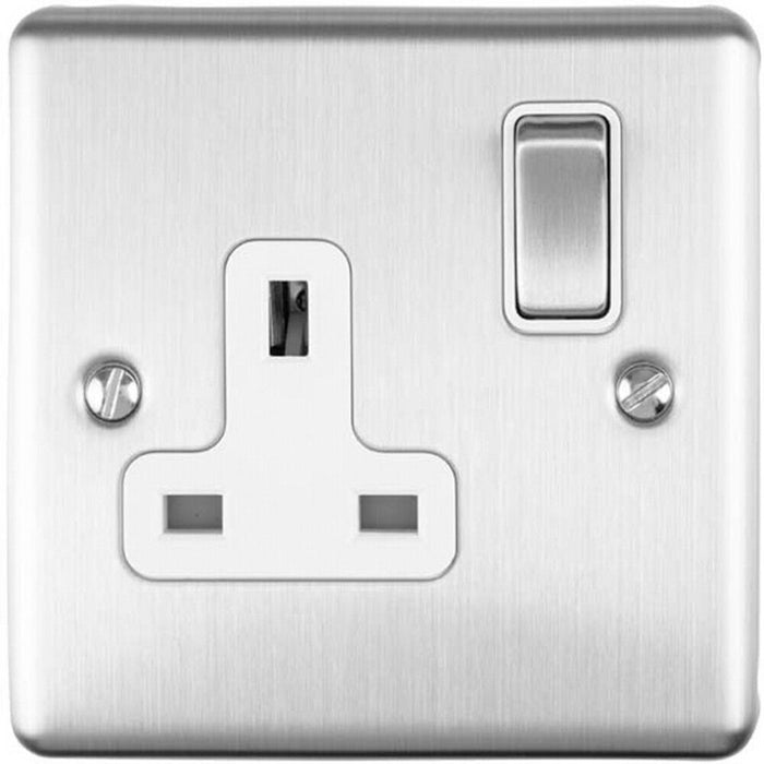 1 Gang Single UK Plug Socket SATIN STEEL 13A Switched White Trim Power Outlet Loops
