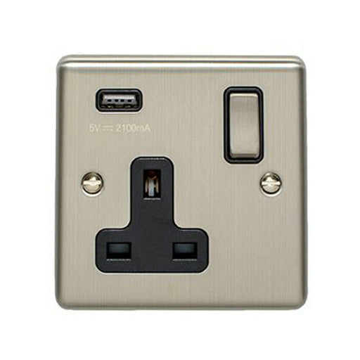 1 Gang Single UK Plug Socket & 2.1A USB Charger SATIN STEEL & Black 13A Switched Loops