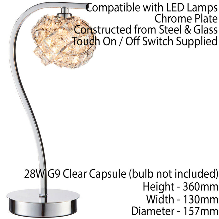 Touch On/Off Table Lamp Chrome & Crystal Glass Knott Shade Pretty Bedside Light Loops