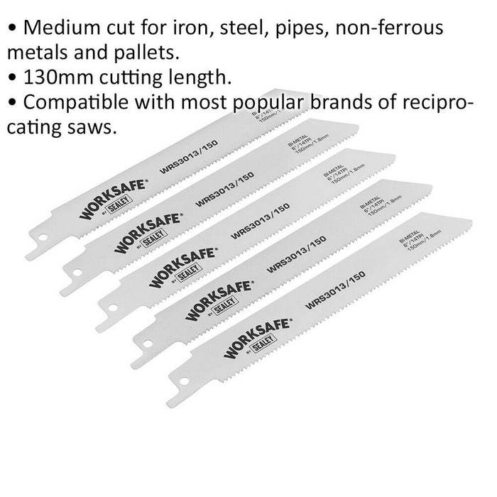 5 PACK 150mm Reciprocating Saw Blade - 14 TPI - Suitable for Iron Steel Pipes Loops