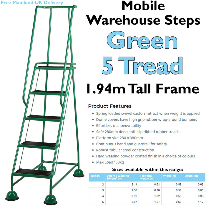 5 Tread Mobile Warehouse Steps GREEN 1.94m Portable Safety Ladder & Wheels Loops
