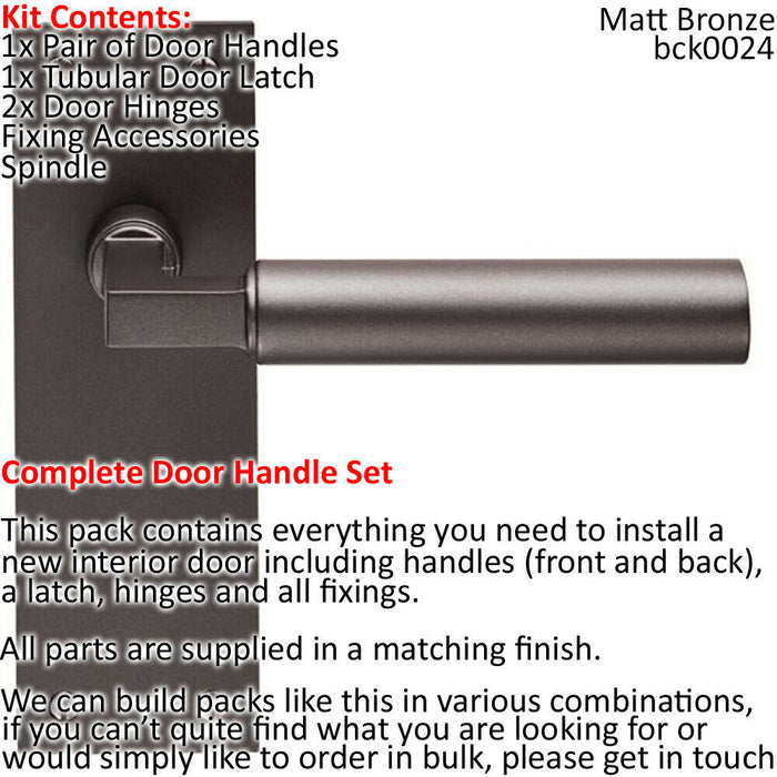 Door Handle & Latch Pack Matt Bronze Straight Round Lever Slim Backplate Loops