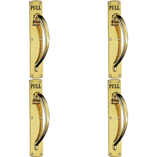 4x Curved Right Handed Door Pull Handle Engraved with 'Pull' Polished Brass Loops