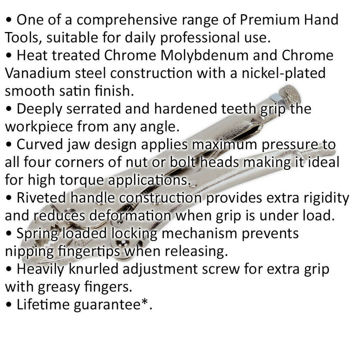 180mm Locking Pliers - Curved Deeply Serrated 35mm Jaws - Hardened Teeth Loops
