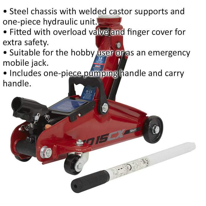 Short Chassis Hydraulic Trolley Jack - 1.5 Tonne Capacity - 300mm Max Height Loops