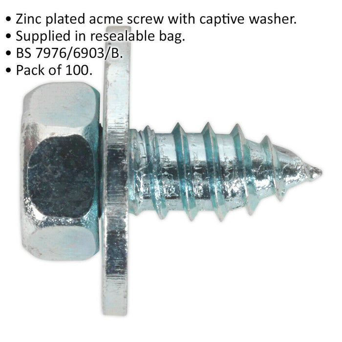 100 PACK M14 x 1/2 Inch Acme Screw with Captive Washer - Zinc Plated Fixings Loops