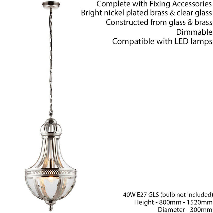 Hanging Ceiling Pendant Light Nickel & Clear Glass Vintage Lamp Bulb Lantern Loops