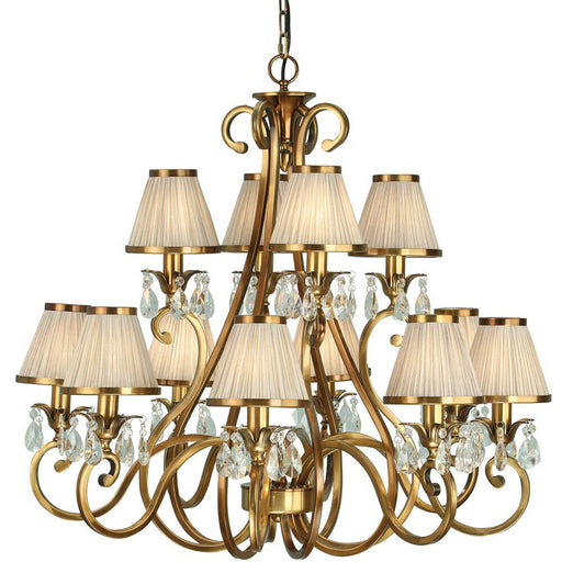 Esher Ceiling Pendant Chandelier Brass Crystal & Beige Shades 12 Lamp Light Loops