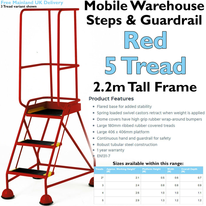 5 Tread Mobile Warehouse Steps & Guardrail RED 2.2m Portable Safety Stairs Loops