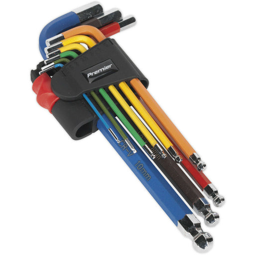 9 Piece Colour Coded Long Ball-End Hex Key Set - 1.5mm to 10mm Sizes - Anti-Slip Loops