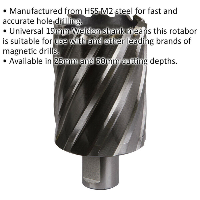 47mm x 50mm Depth Rotabor Cutter - M2 Steel Annular Metal Core Drill 19mm Shank Loops