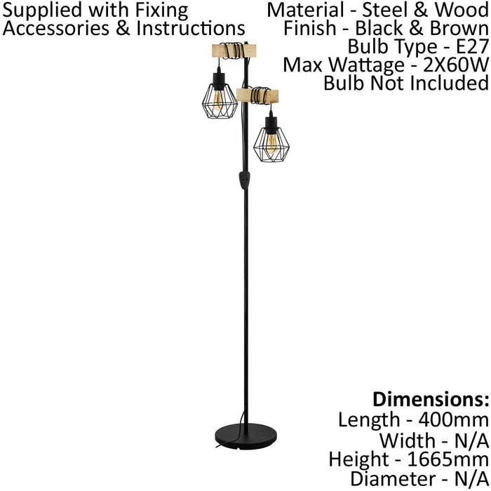 Standing Floor Lamp Light Black Cage Shade & Wood Hangman 2 x 60W E27 Bulb Loops