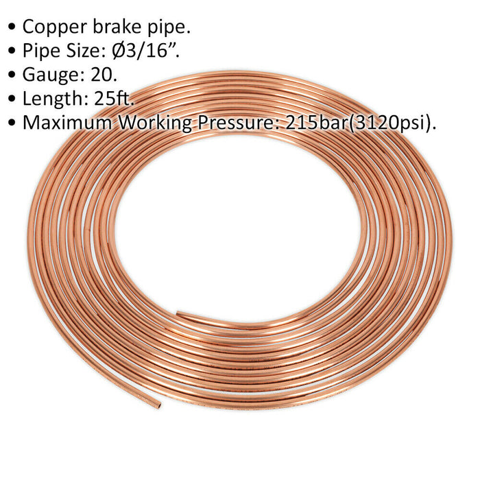 25ft Brake Pipe Copper Tubing - 20 Gauge - 3/16 Inch Pipes - 215bar Max Pressure Loops