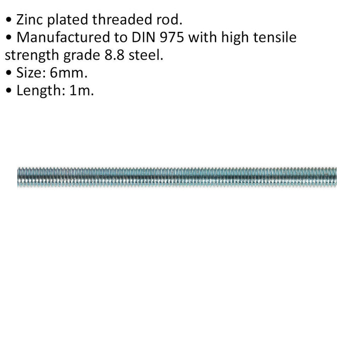 5 PACK Threaded Studding Rod - M6 x 1mm - Grade 8.8 Zinc Plated - DIN 975 Loops