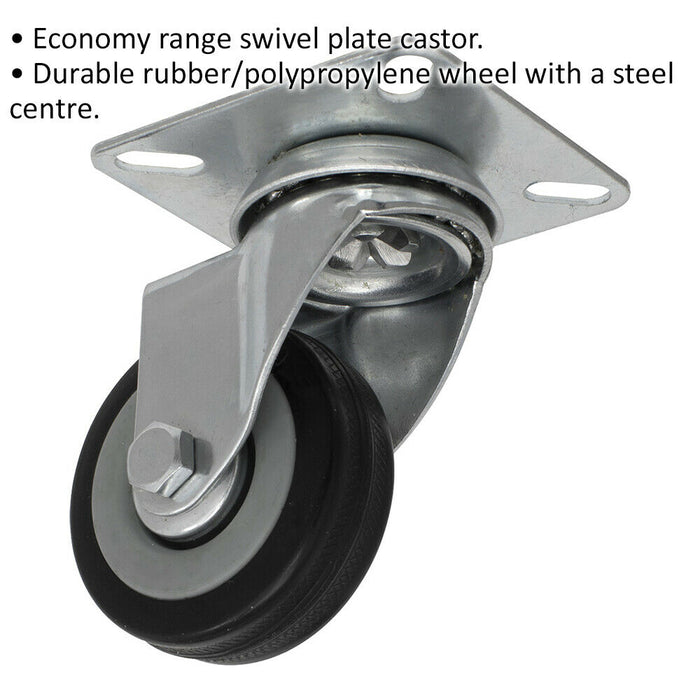 50mm Swivel Plate Castor Wheel - Rubber with Steel Centre - 18mm Tread Loops