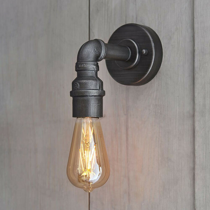 Industrial Indoor Wall Light Aged Pewter Exposed Pipe Vintage Filament Lamp Loops