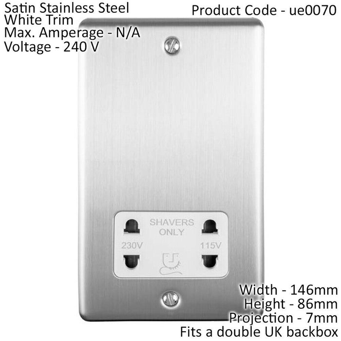 230v & 115v Shaver Twin Socket Wall Plate SATIN STEEL & White Trim 86mm x 146mm Loops