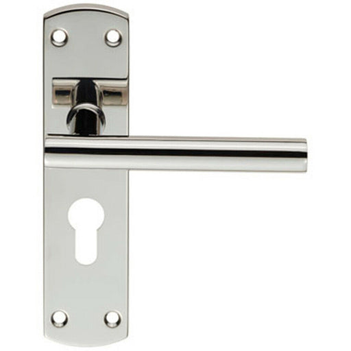 Mitred T Bar Lever Door Handle on Euro Lock Backplate 172 x 44mm Polished Steel Loops