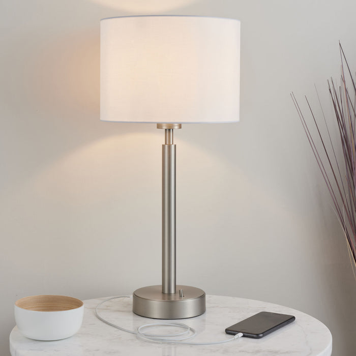 Table Lamp Matt Nickel & Vintage White Fabric 60W E27 USB Socket e10578 Loops