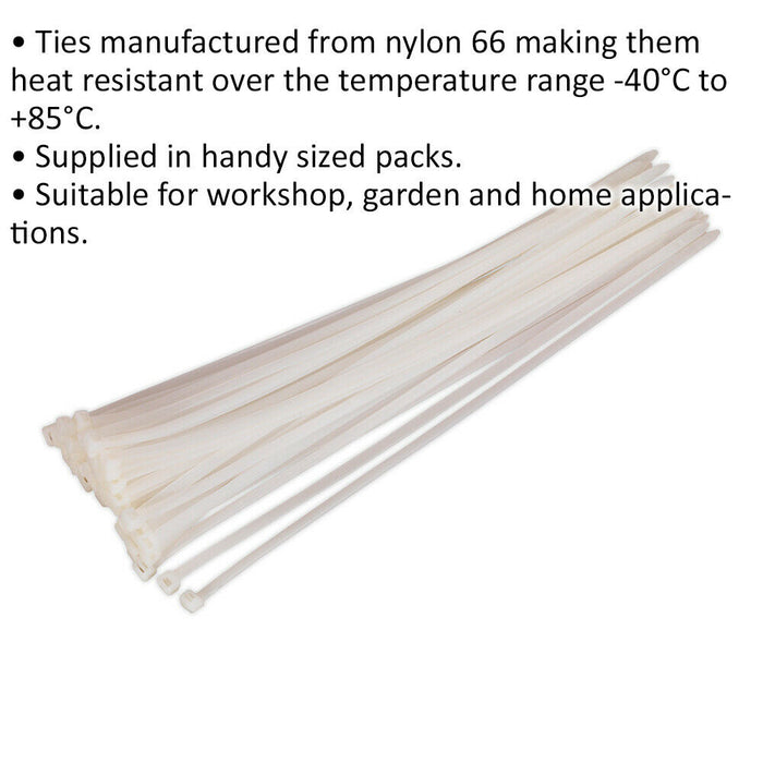 50 PACK White Cable Ties - 450 x 7.6mm - Nylon 66 Material - Heat Resistant Loops