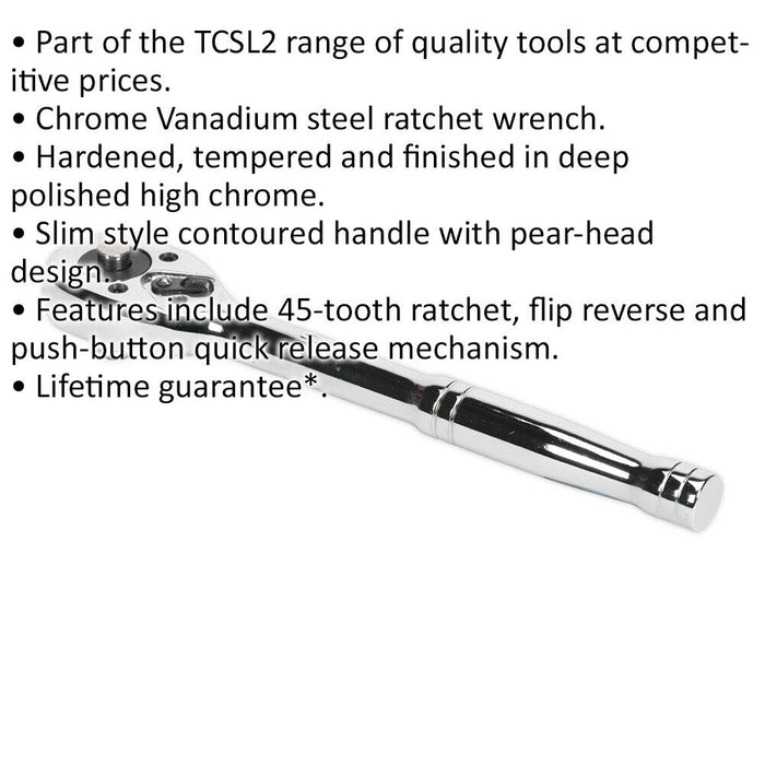 45-Tooth Flip Reverse Ratchet Wrench - 3/8 Inch Sq Drive - Pear Head Design Loops