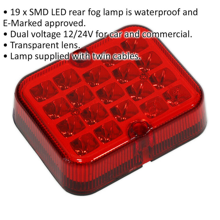 Dual Voltage Rear Fog Lamp - 19 x SMD LED - 12V / 24V - Waterproof - E-Approved Loops