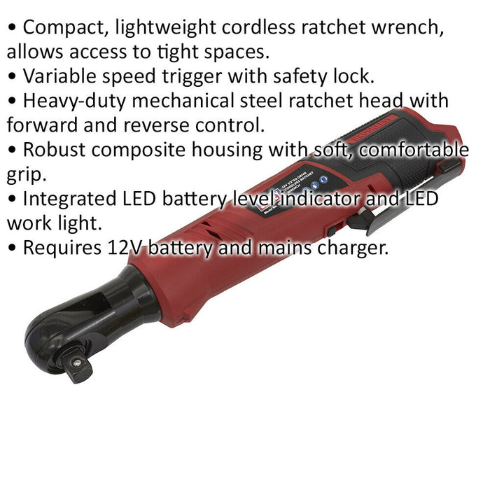 12V Cordless Ratchet Wrench - 1/2" Sq Drive - BODY ONLY - Variable Speed Control Loops