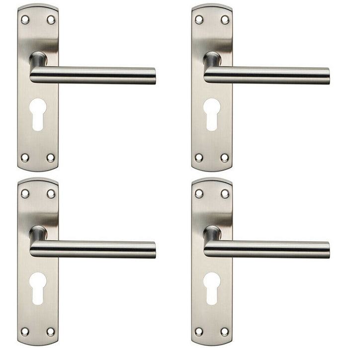 4x Mitred Lever Door Handle on Euro Lock Backplate 172 x 44mm Satin Steel Loops