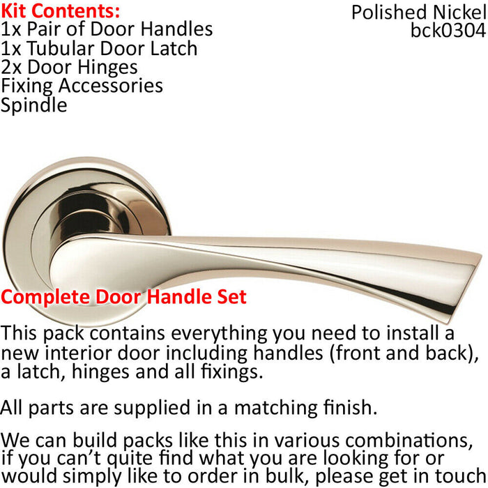 Door Handle & Latch Pack Polished Nickel Angular Lever Screwless Round Rose Loops