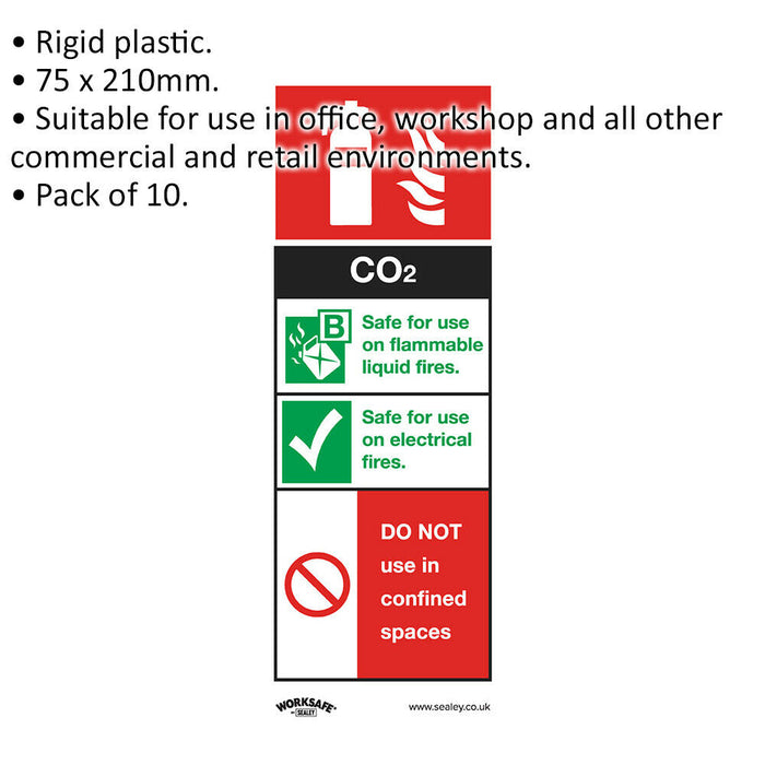 10x CO2 FIRE EXTINGUISHER Health & Safety Sign Rigid Plastic 75 x 210mm Warning Loops