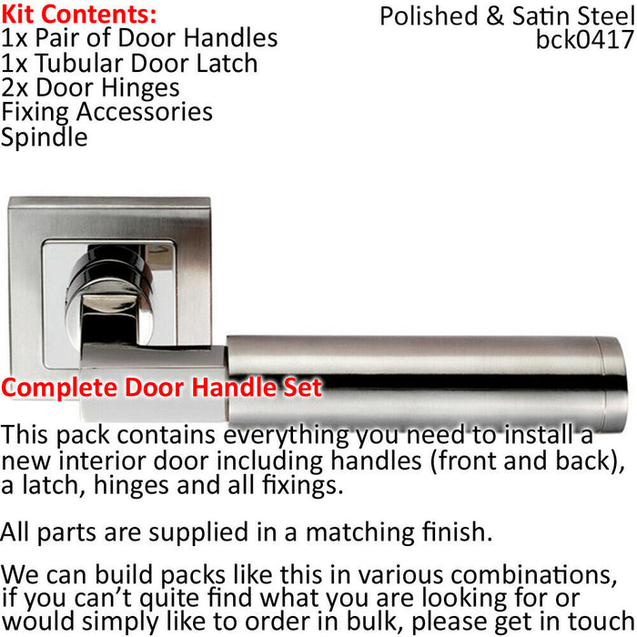 Door Handle & Latch Pack Polished & Satin Steel Square Cut Bar Screwless Rose Loops