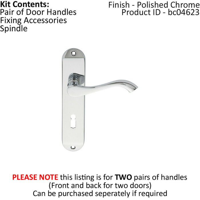 2x PAIR Curved Handle on Chamfered Lock Backplate 180 x 40mm Polished Chrome Loops