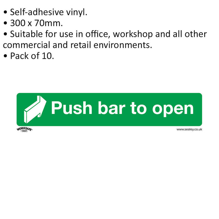 10x PUSH BAR TO OPEN Health & Safety Sign Self Adhesive 300 x 70mm Sticker Loops