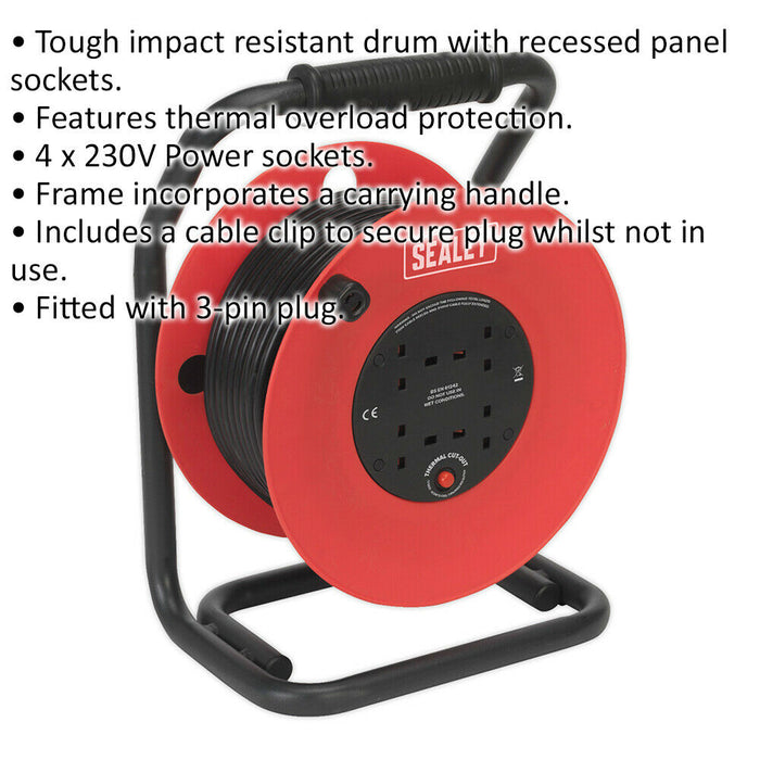 50m Heavy Duty Cable Reel with Thermal Trip - 4 x 230V Plug Sockets - PVC Cable Loops