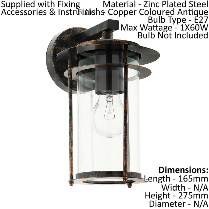 IP44 Outdoor Wall Light Antique Copper & Glass Shade Lamp 1 x 60W E27 Bulb Loops