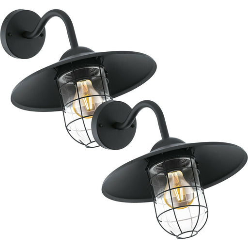 2 PACK IP44 Outdoor Wall Light Black Cage Fisherman Shade 60W E27 Porch Lamp Loops