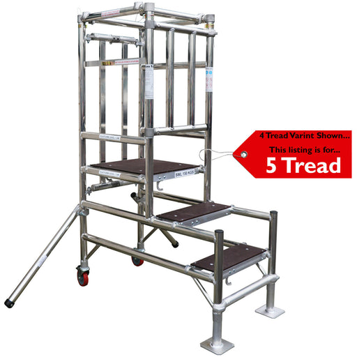 5 Tread Mobile Telescopic Podium Step Ladder 1.4m Tall Work Platform Safety Cage Loops