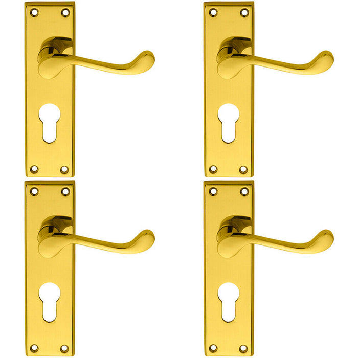 4x PAIR Victorian Scroll Lever on Euro Lock Backplate 150 x 43mm Polished Brass Loops