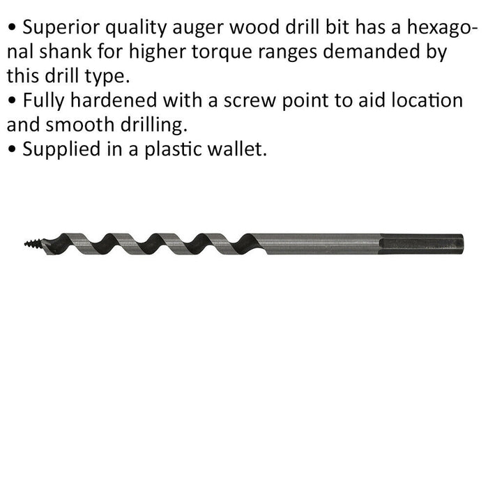 8 x 155mm Hardened Auger Wood Drill Bit - Hexagonal Shank - Woodwork Timber Loops