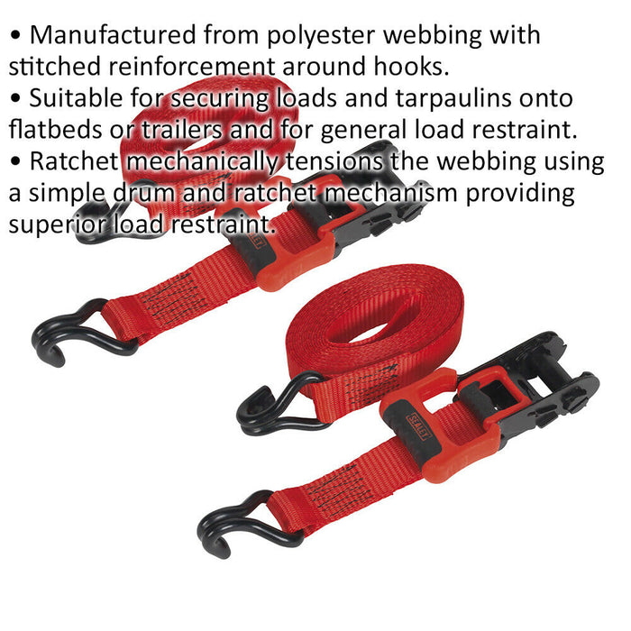 PAIR 32mm x 4.9m 800KG Slide Ratchet Tie Down Strap Set -Polyester Web & S-Hooks Loops