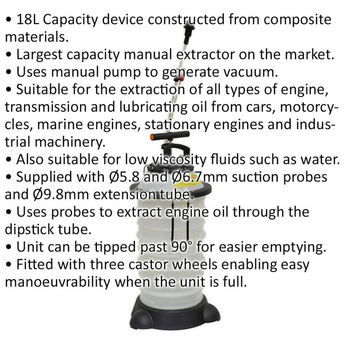 18L Oil & Fluid Extractor - Manual Vacuum Pump - 2 Suction Probes & Extension Loops