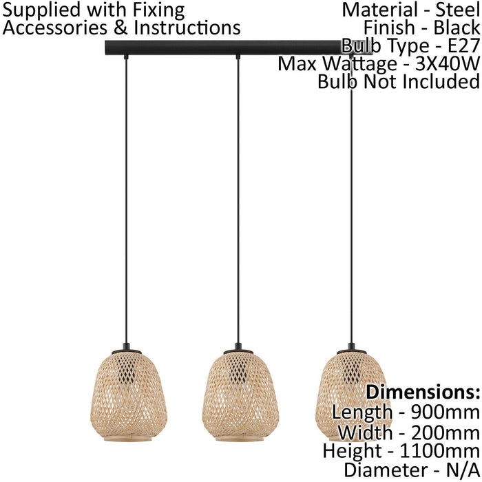 Hanging Ceiling Pendant Light Round Wicker Shade 3 x 40W E27 Kitchen Island Loops