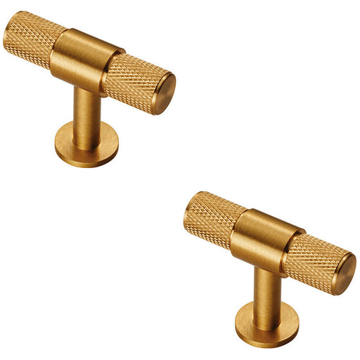2x Knurled Cupboard T Shape Pull Handle 50 x 13mm Satin Brass Cabinet Handle Loops