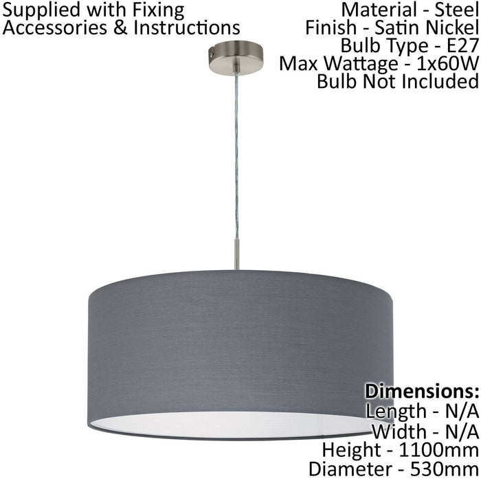 Pendant Light Colour Satin Nickel Steel Shade Grey Fabric Bulb E27 1x60W Loops