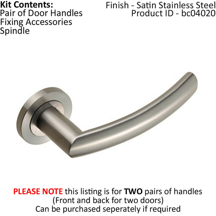 2x PAIR Curved Round Bar Handle on Round Rose Concealed Fix Satin Steel Loops