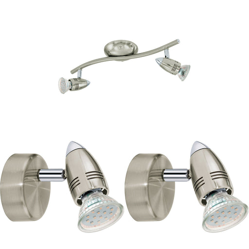 Twin Ceiling Spot Light & 2x Matching Wall Lights Satin Nickel Chrome Adjustable Loops