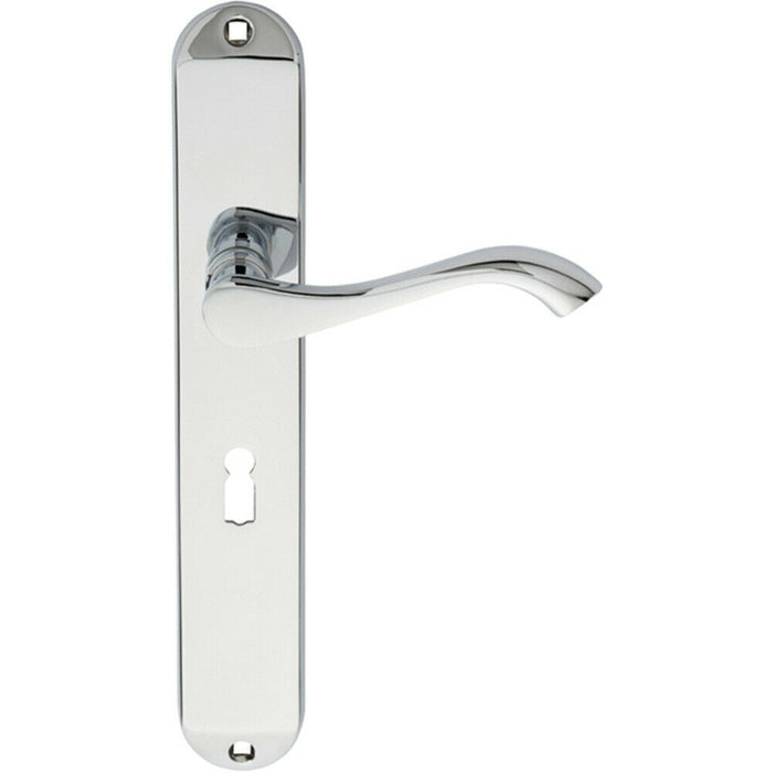 PAIR Curved Handle on Long Slim Lock Backplate 241 x 40mm Polished Chrome Loops