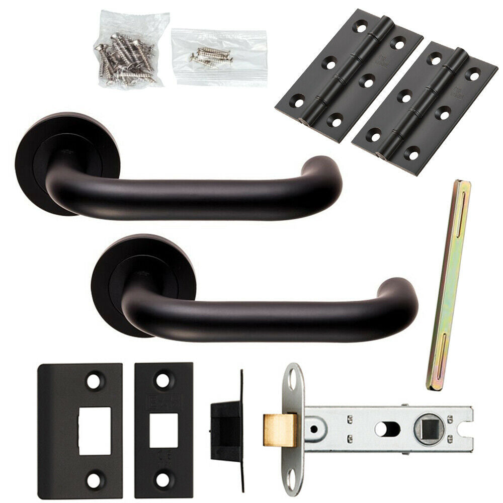 Door Handle & Latch Pack Matt Black Curved Safety Lever Screwless Round Rose Loops